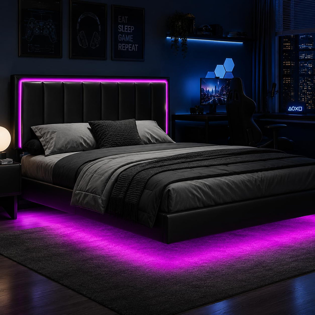 Black Full Size Floating Bed Frame with LED Lights K16713