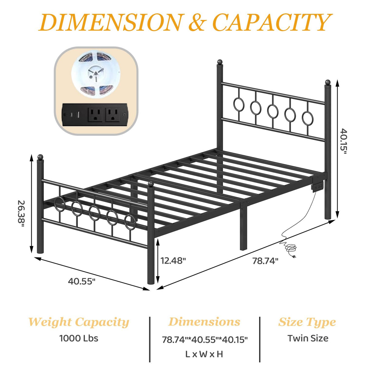 Black Twin Metal Platform Bed Frame with Headboard O374975