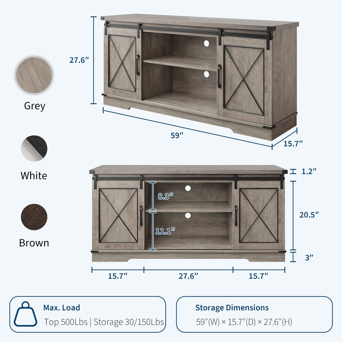 Farmhouse TV Stand with Sliding Barn Doors and Storage Cabinets, Grey H614