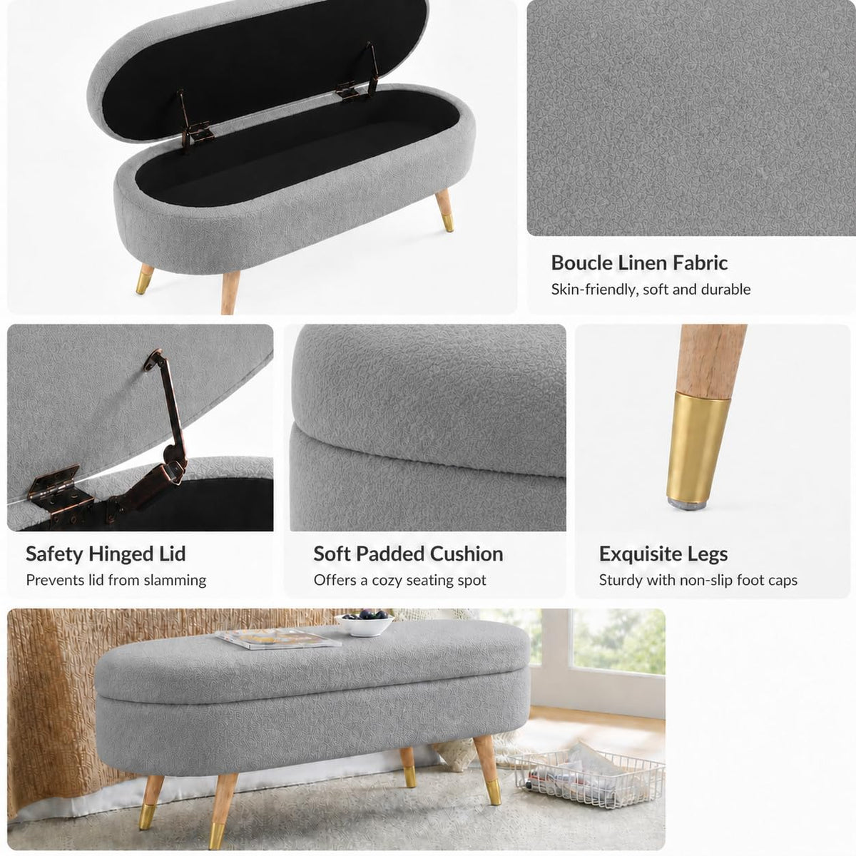 Oval Boucle Storage Ottoman with Wooden Legs W515767