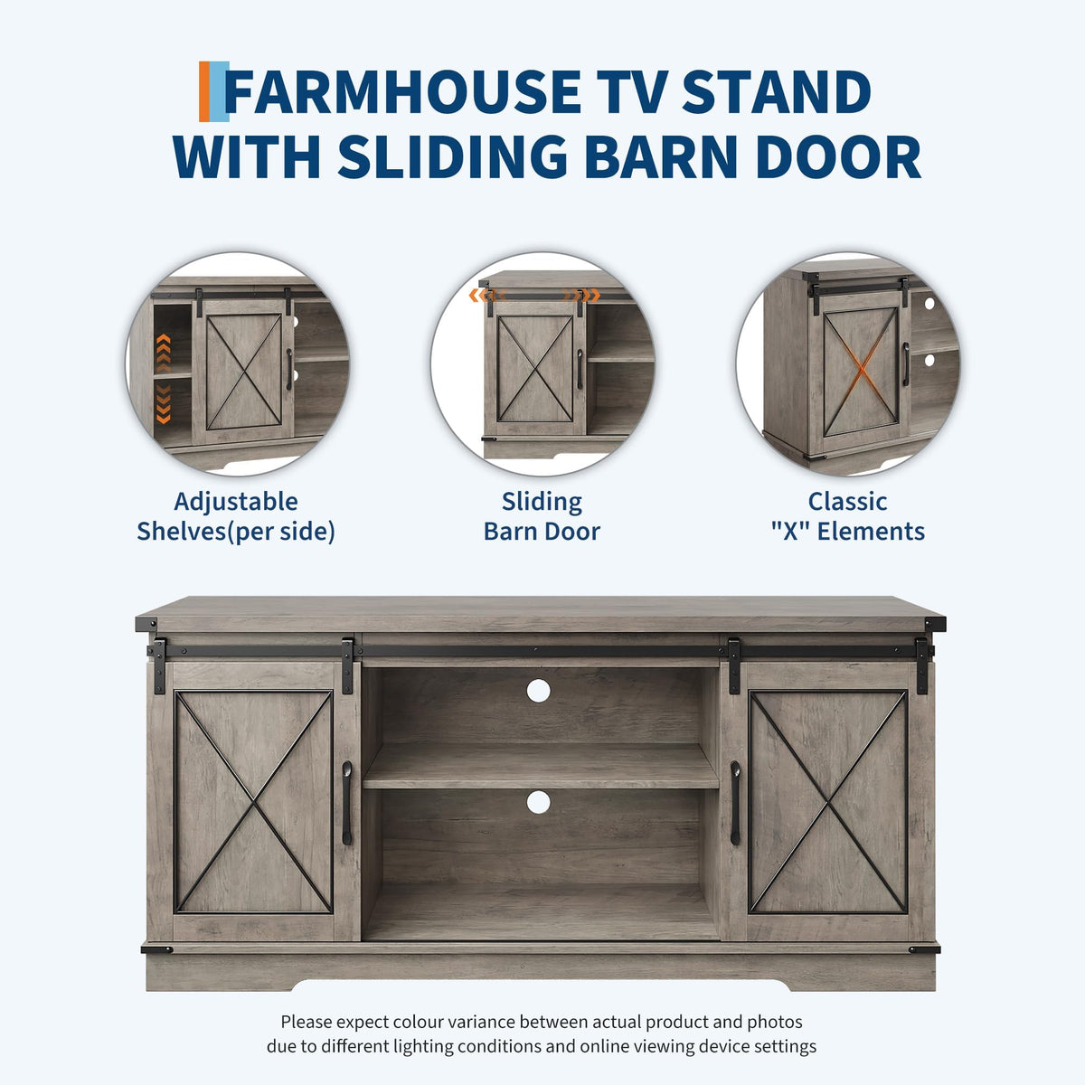 Farmhouse TV Stand with Sliding Barn Doors and Storage Cabinets, Grey H614