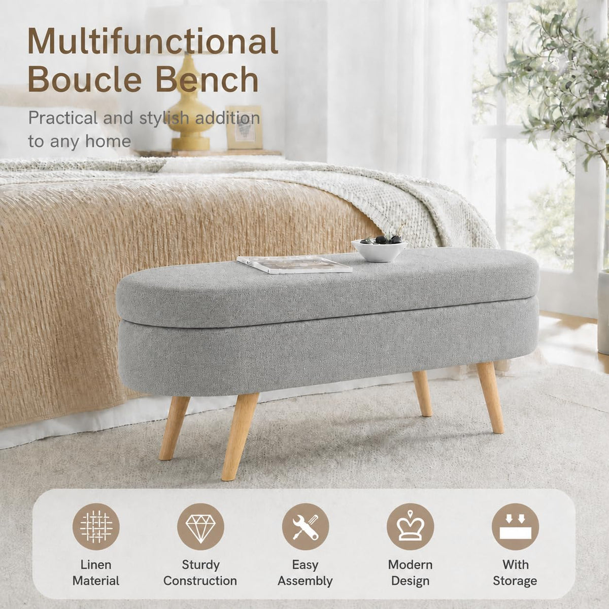 Oval Boucle Storage Ottoman with Wooden Legs W515767