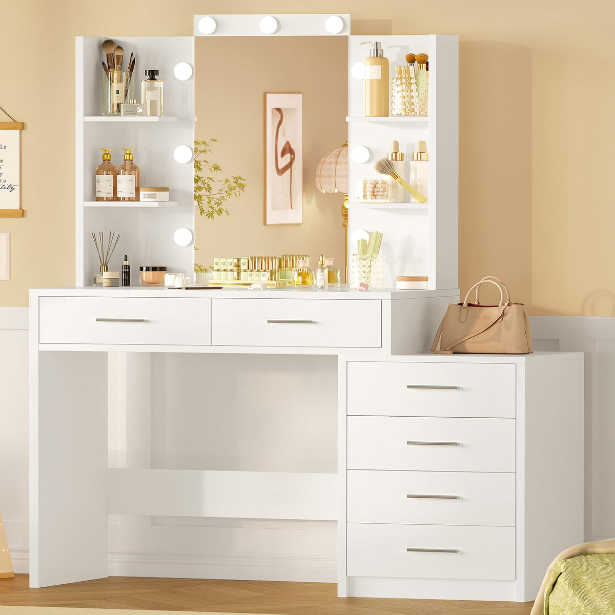 41.3" White Vanity Desk with Mirror and 9 LED Lights T49386
