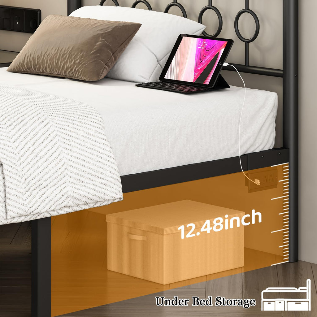 Black Twin Metal Platform Bed Frame with Headboard O374975