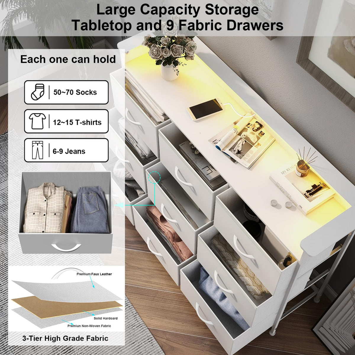 White 9 Drawer Dresser with LED Light and Charging Station O5162