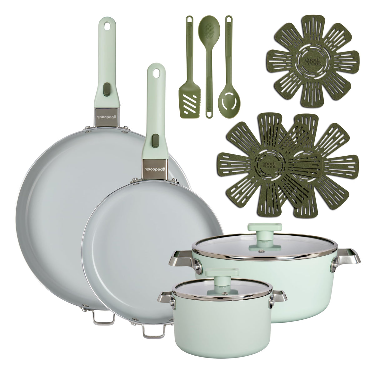 14-Piece Ceramic Cookware Set with Removable Handles, Sage Green F190
