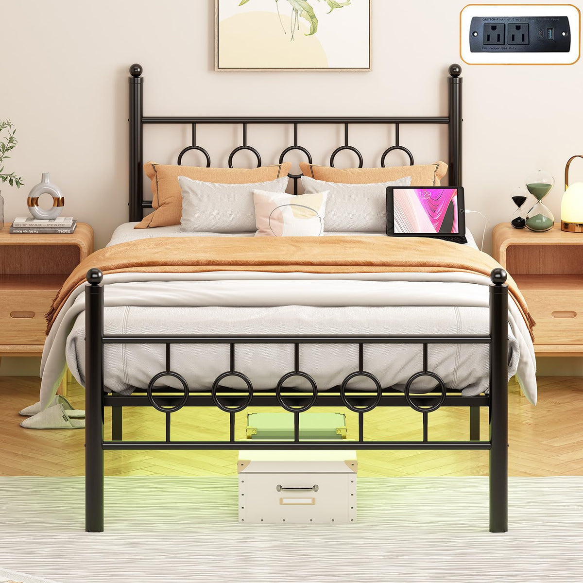 Black Twin Metal Platform Bed Frame with Headboard O374975
