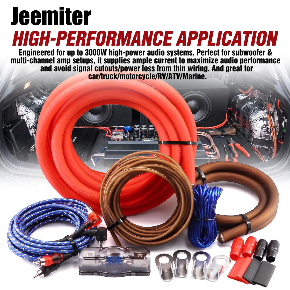 0 Gauge 3000W Amp Wiring Kit with 100A AGU Fuse L288628