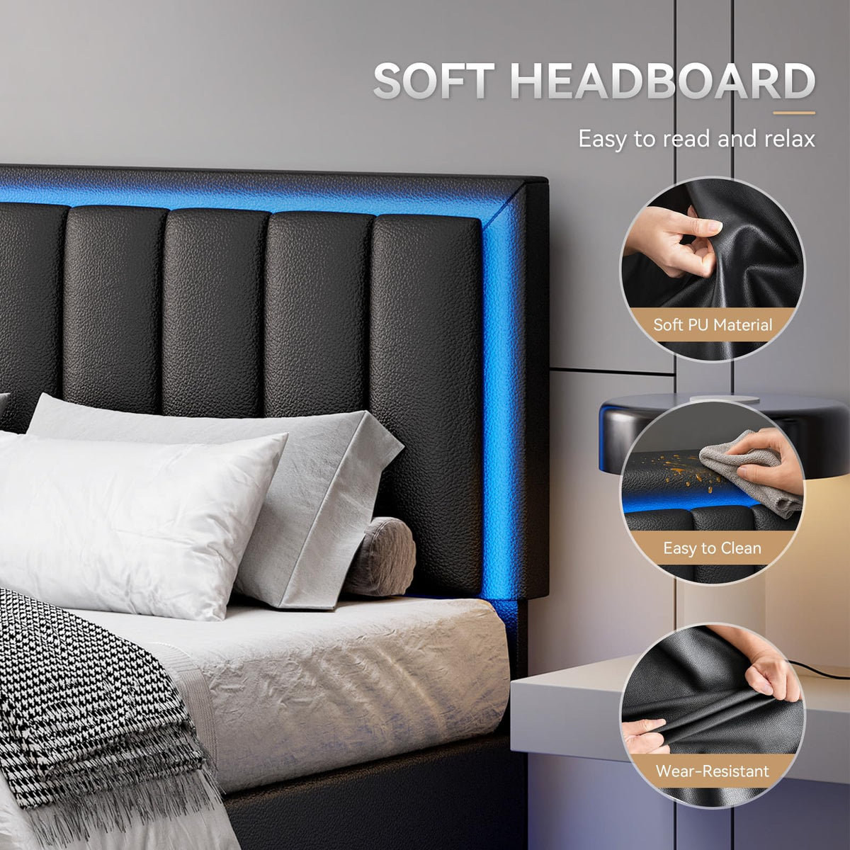 Black Full Size Floating Bed Frame with LED Lights K16713