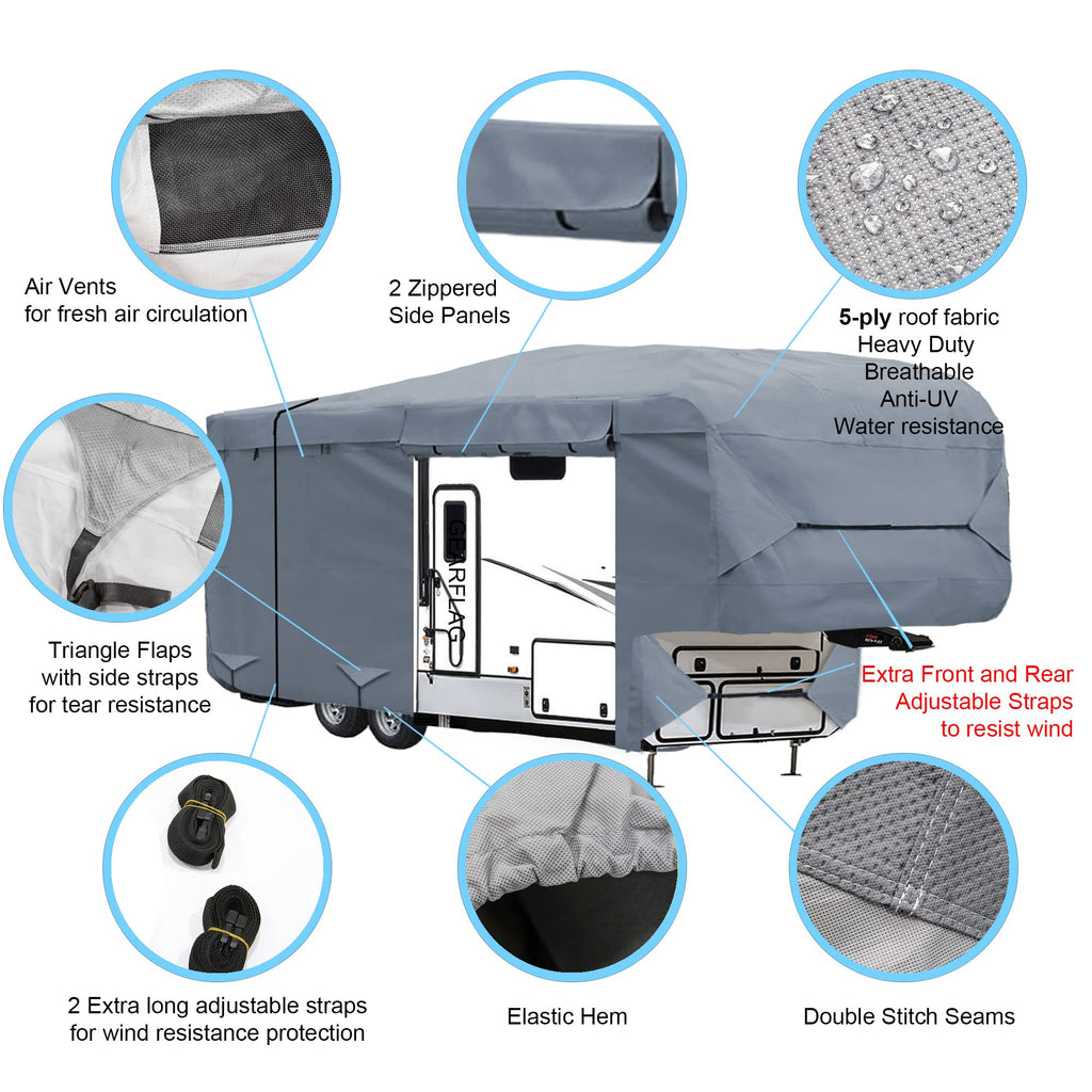 5th Wheel RV Trailer Cover 5 Layers with Windproof Side-Straps Heavy Duty 24' - 26' J901257