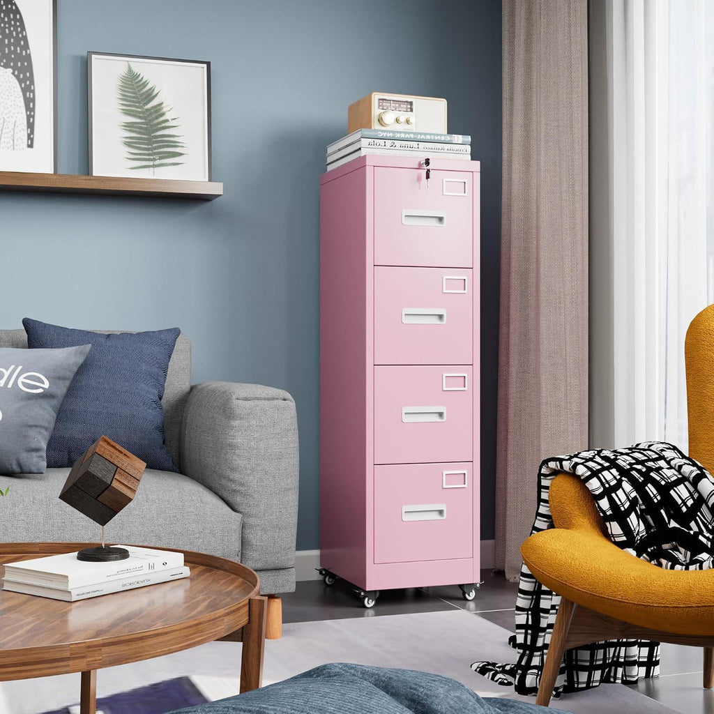 Pink 4-Drawer Metal File Cabinet with Lock and Wheels J4173