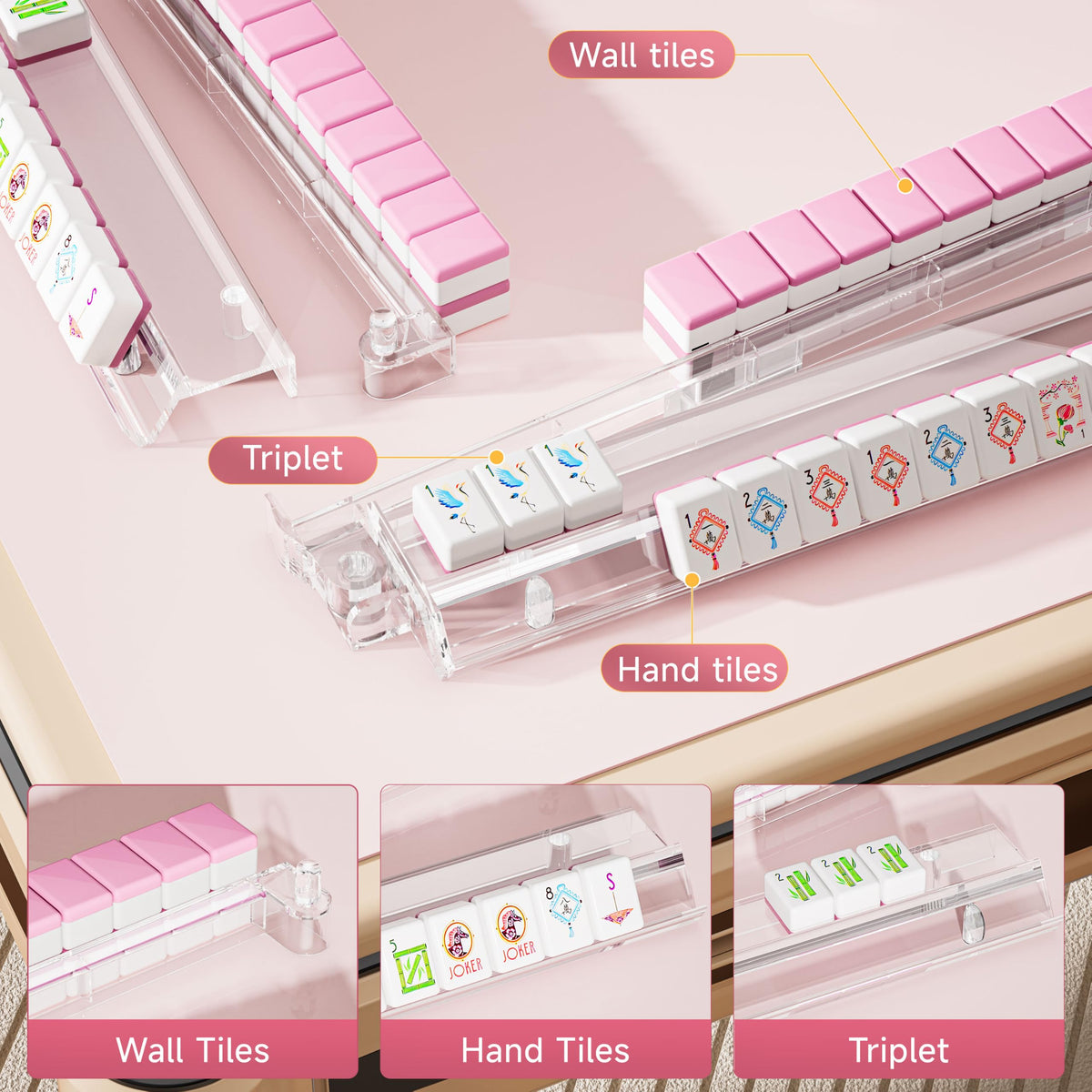 Clear Acrylic Mahjong Racks with Pushers, 4 Pack E213659