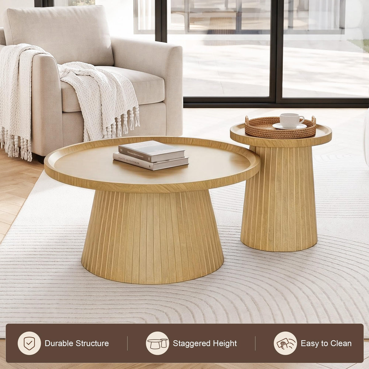 Coffee Table Set of 2 Fluted Drum U9895