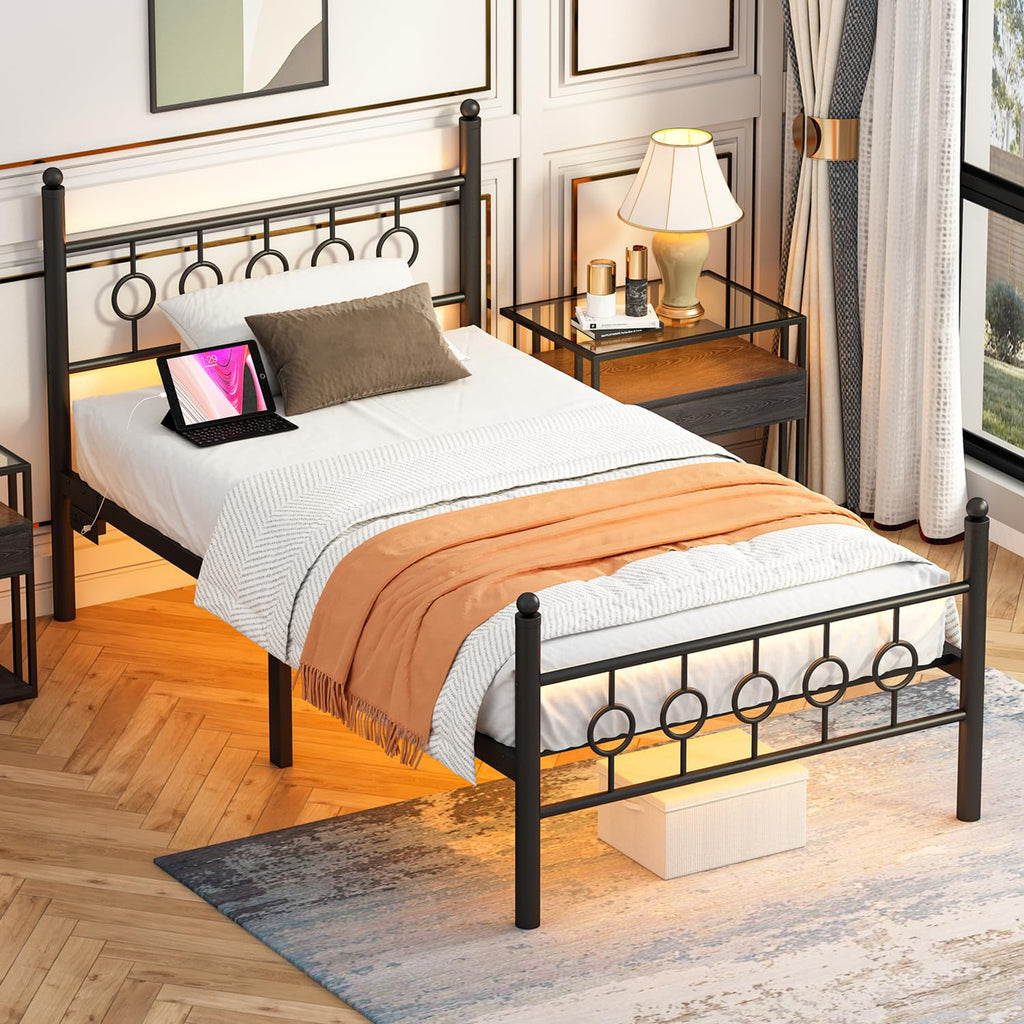 Black Twin Metal Platform Bed Frame with Headboard O374975