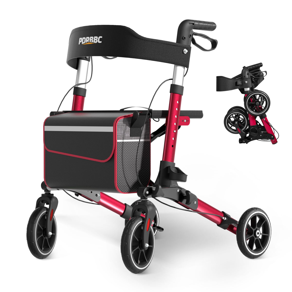 Red Foldable Lightweight Aluminum Rollator Walker with Seat and Brakes T696576