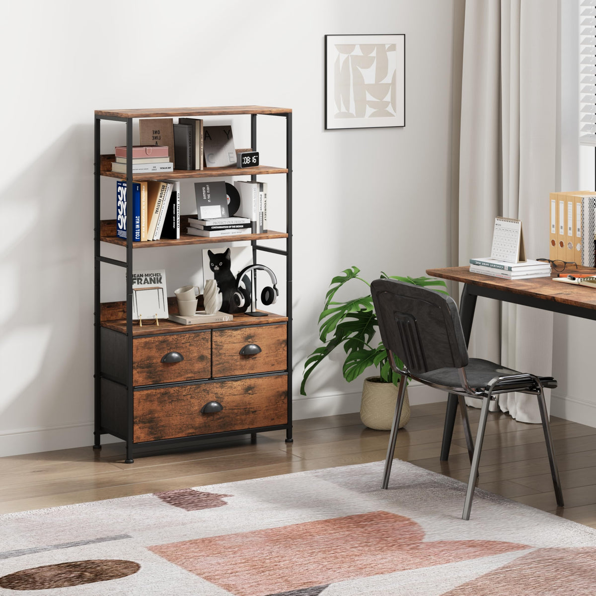 47-Inch 6 Tier Wood and Metal Bookshelf with 3 Fabric Drawers U134