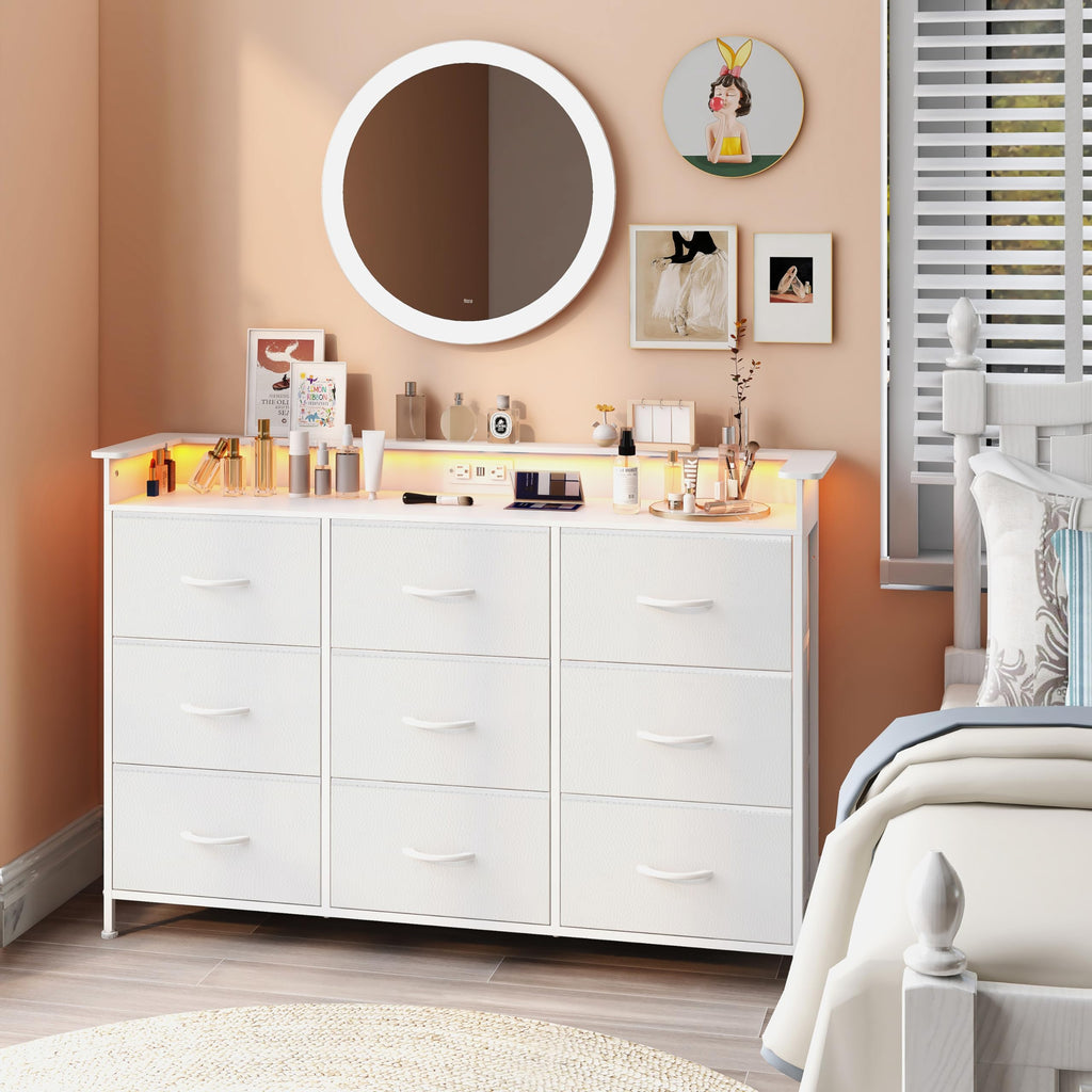 White 9 Drawer Dresser with LED Light and Charging Station O5162