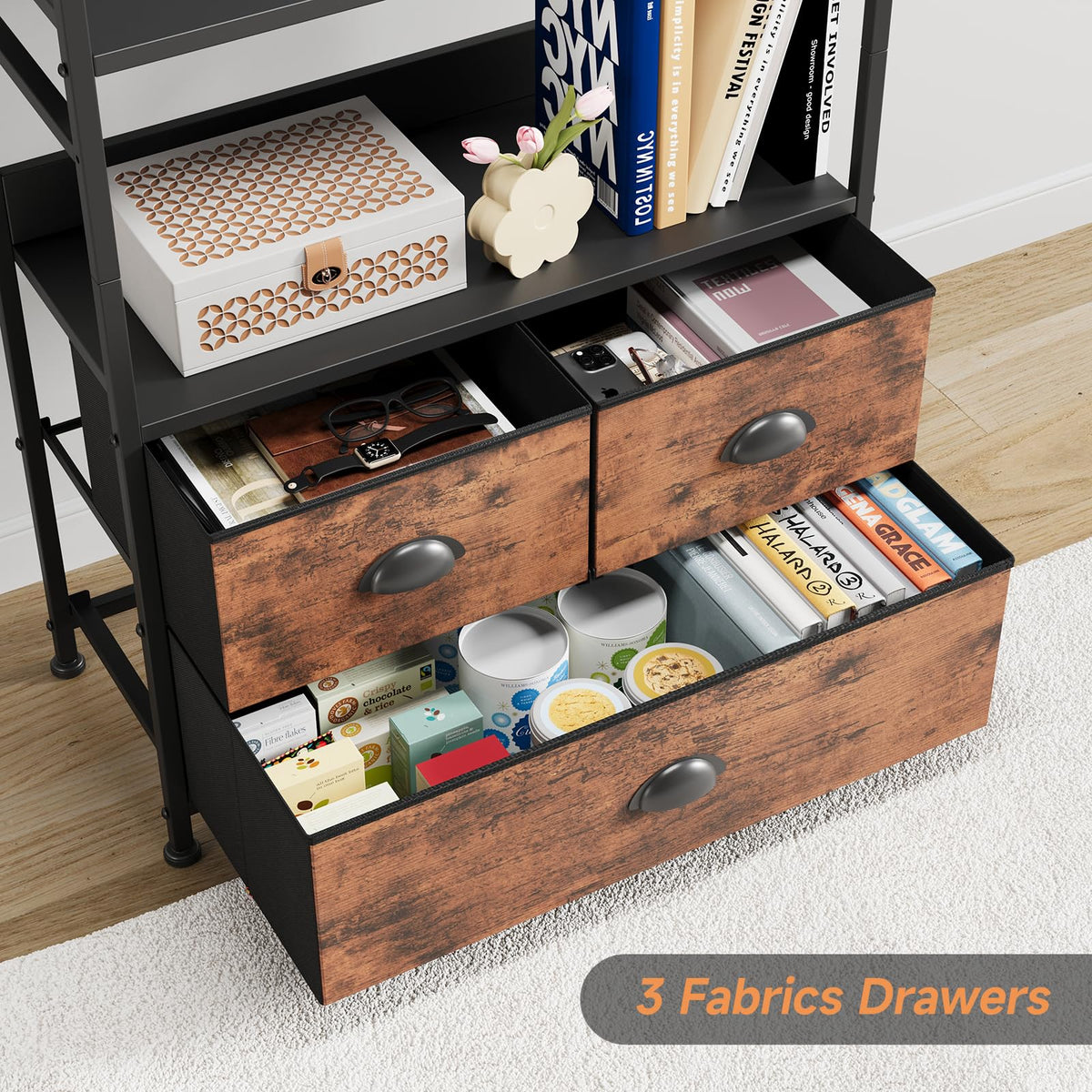 47-Inch 6 Tier Wood and Metal Bookshelf with 3 Fabric Drawers U134