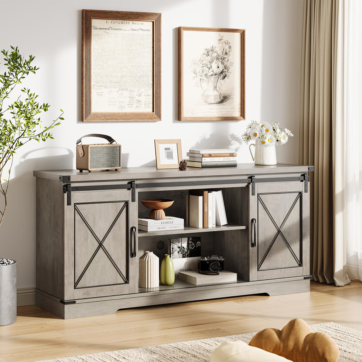 Farmhouse TV Stand with Sliding Barn Doors and Storage Cabinets, Grey H614