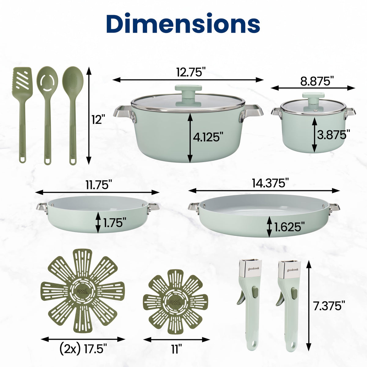 14-Piece Ceramic Cookware Set with Removable Handles, Sage Green F190