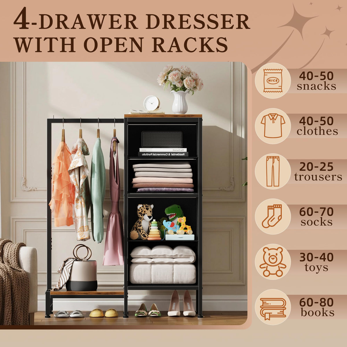 Tall Dresser with Hanging Rack, 4 Drawers Z2311
