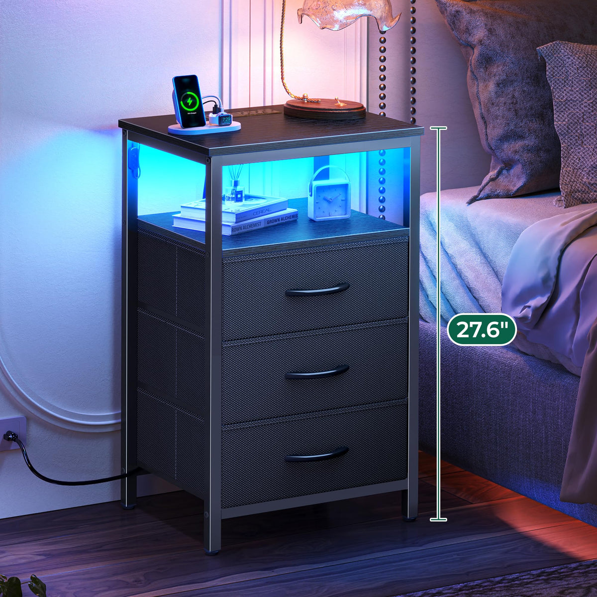 3 Drawer Nightstand with Charger Station and LED Lights H29276