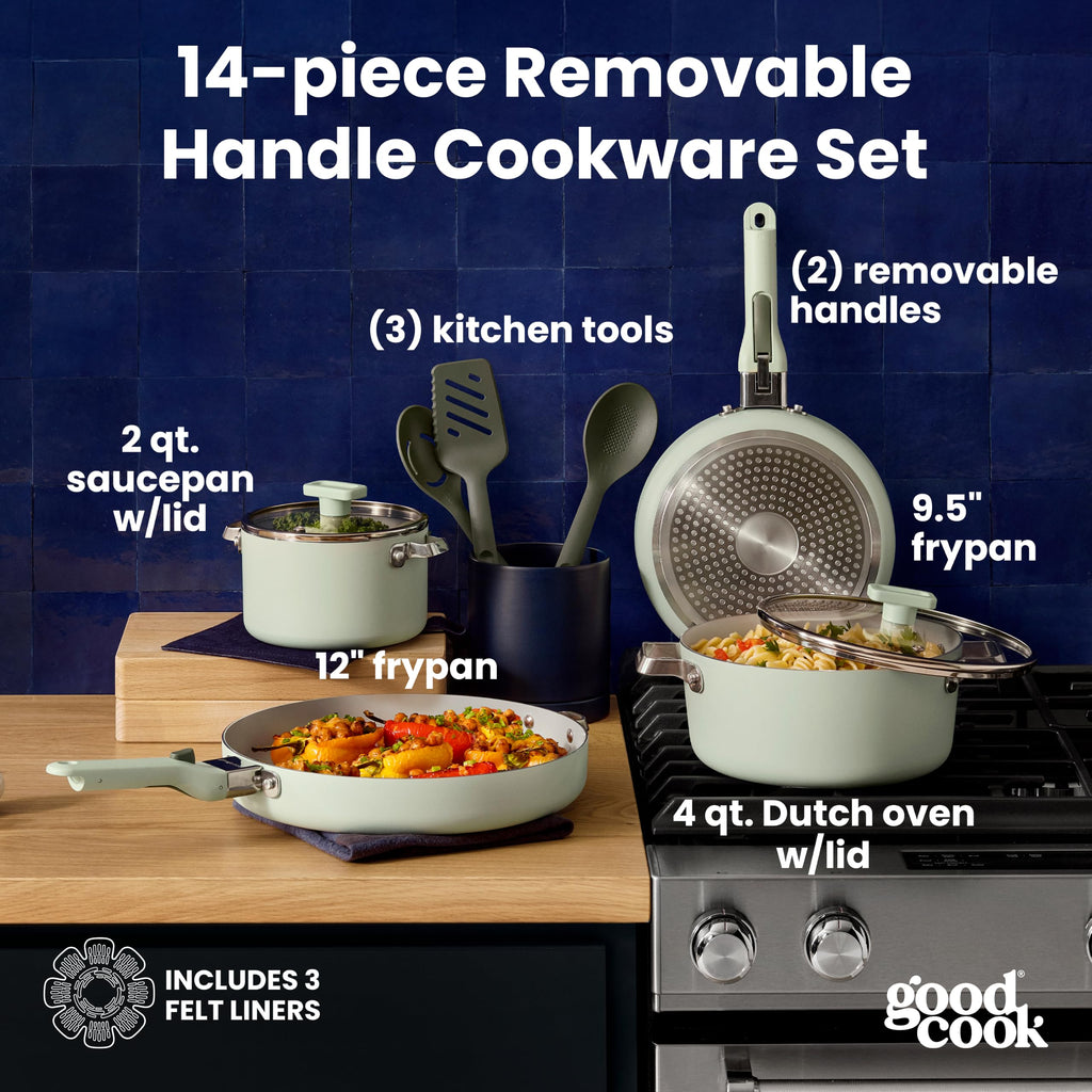 14-Piece Ceramic Cookware Set with Removable Handles, Sage Green F190