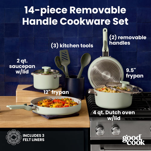 14-Piece Ceramic Cookware Set with Removable Handles, Sage Green F190