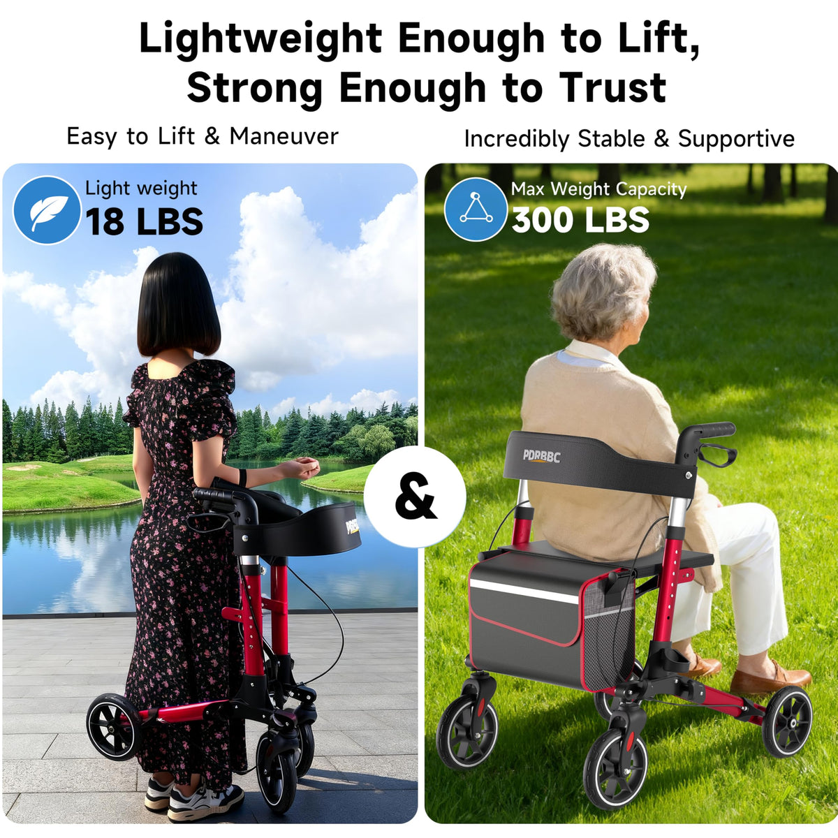 Red Foldable Lightweight Aluminum Rollator Walker with Seat and Brakes T696576