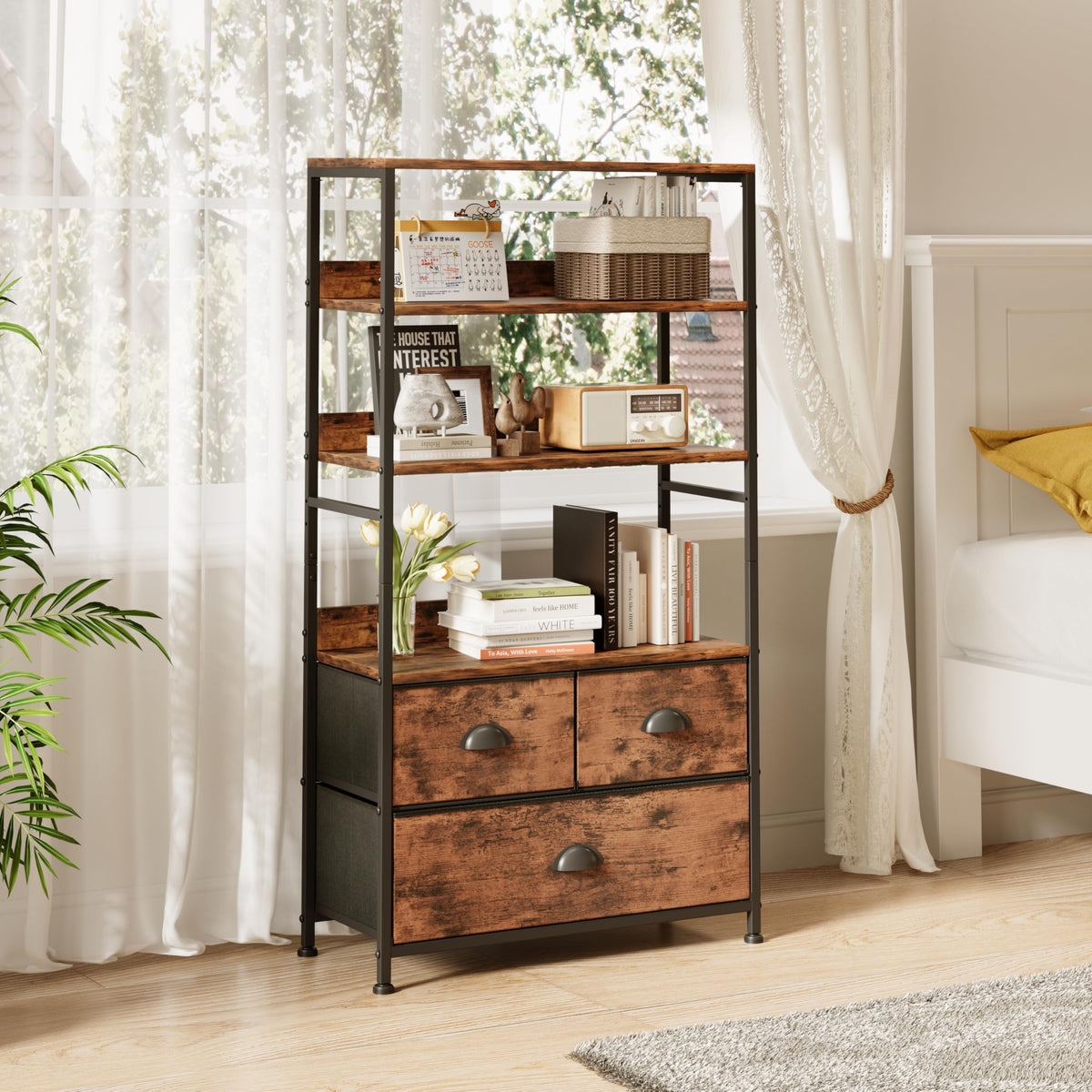 47-Inch 6 Tier Wood and Metal Bookshelf with 3 Fabric Drawers U134