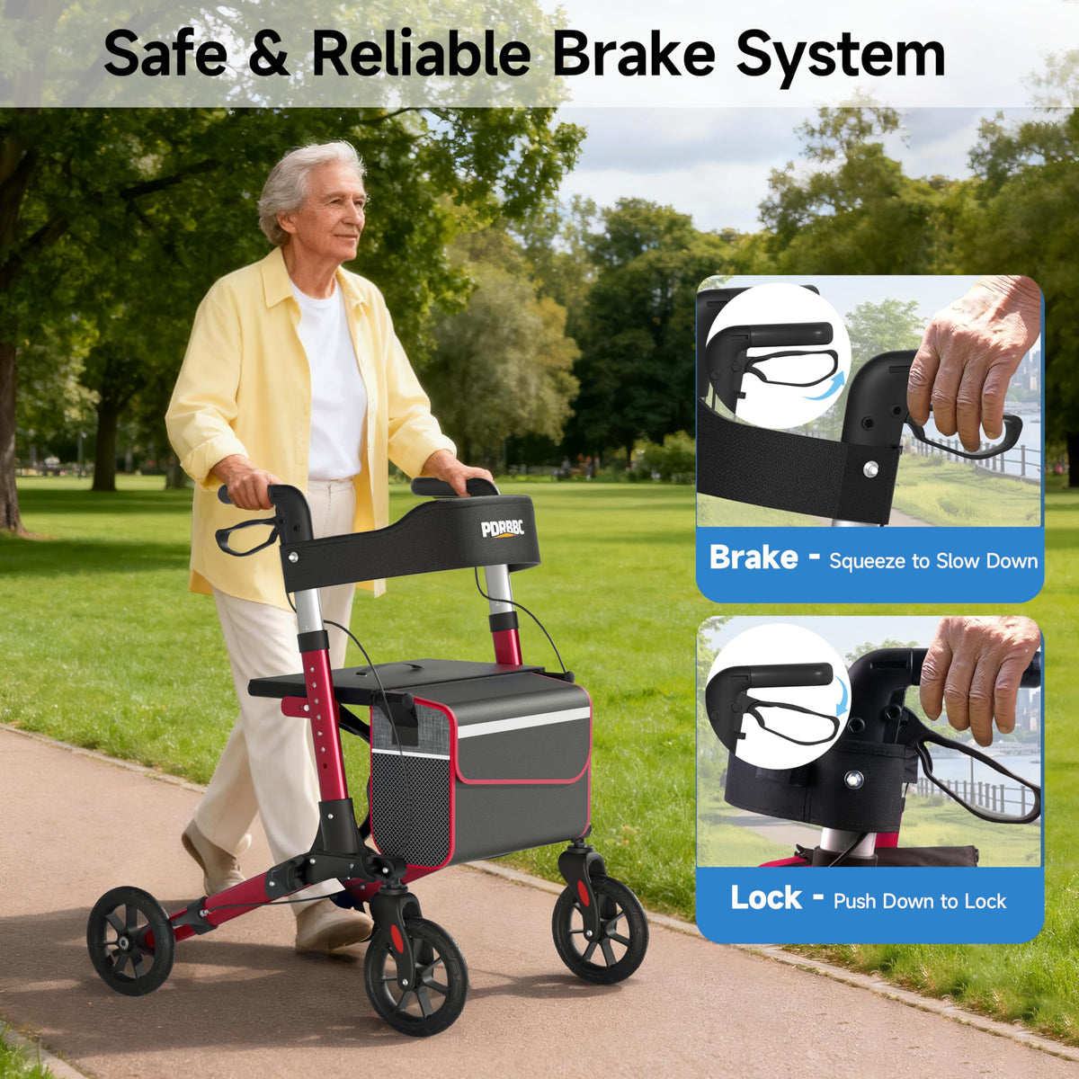 Red Foldable Lightweight Aluminum Rollator Walker with Seat and Brakes T696576